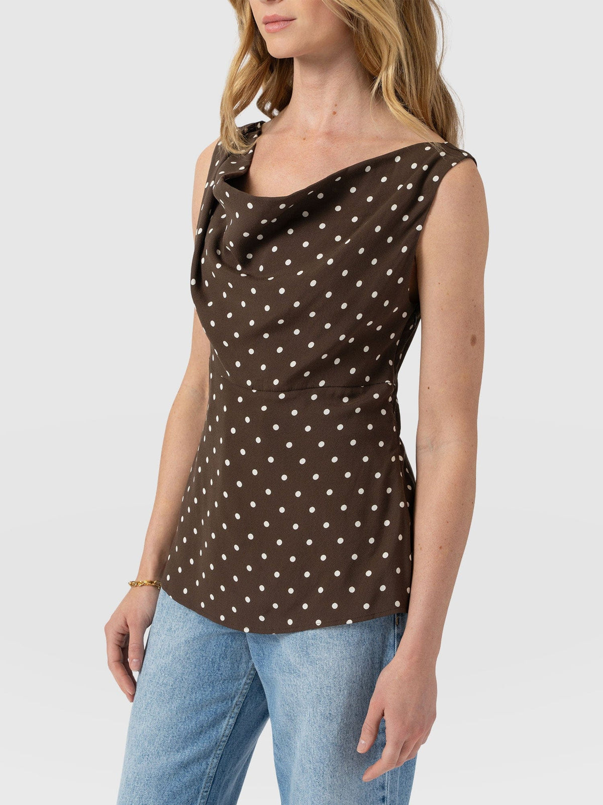 Raye Cowl Cami - Brown Polka Dot