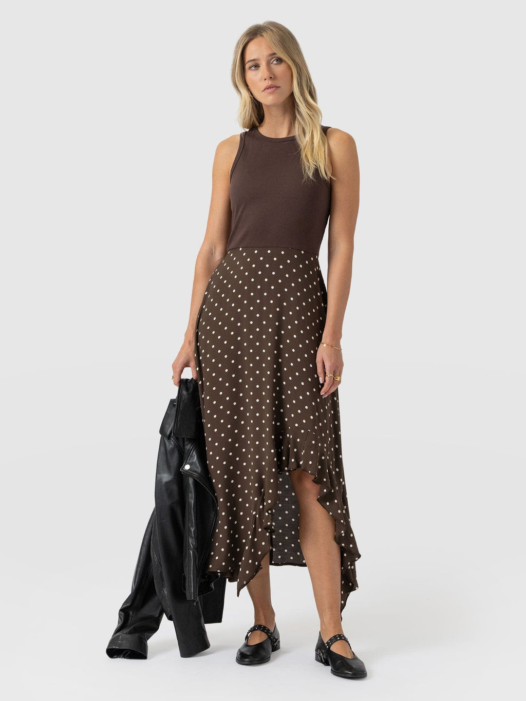 Renee Contrast Frill Dress - Brown Polka Dot