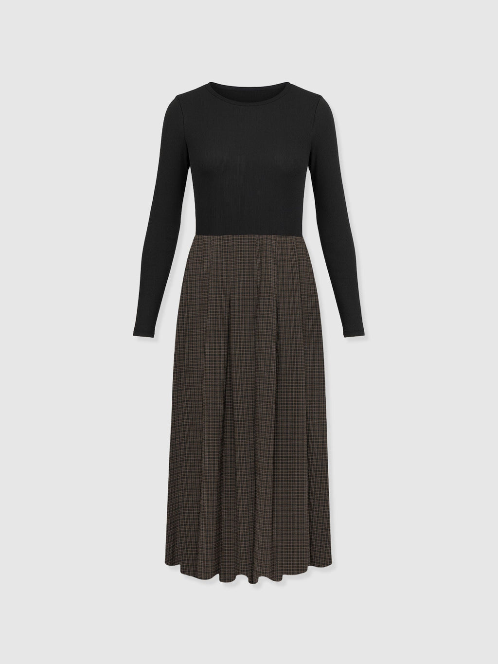 Renee Contrast Long Sleeve Dress - Brown Check