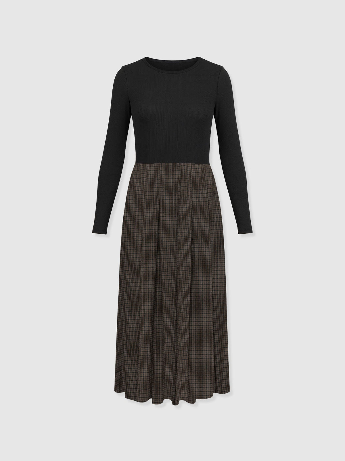 Renee Contrast Long Sleeve Dress - Brown Check