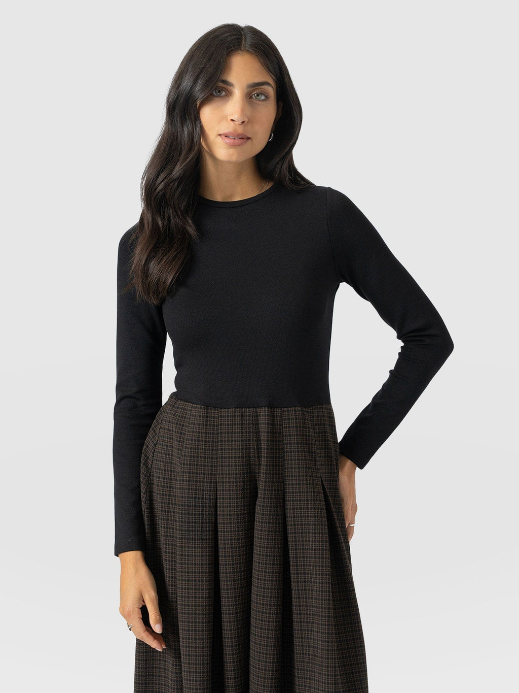 Renee Contrast Long Sleeve Dress - Brown Check