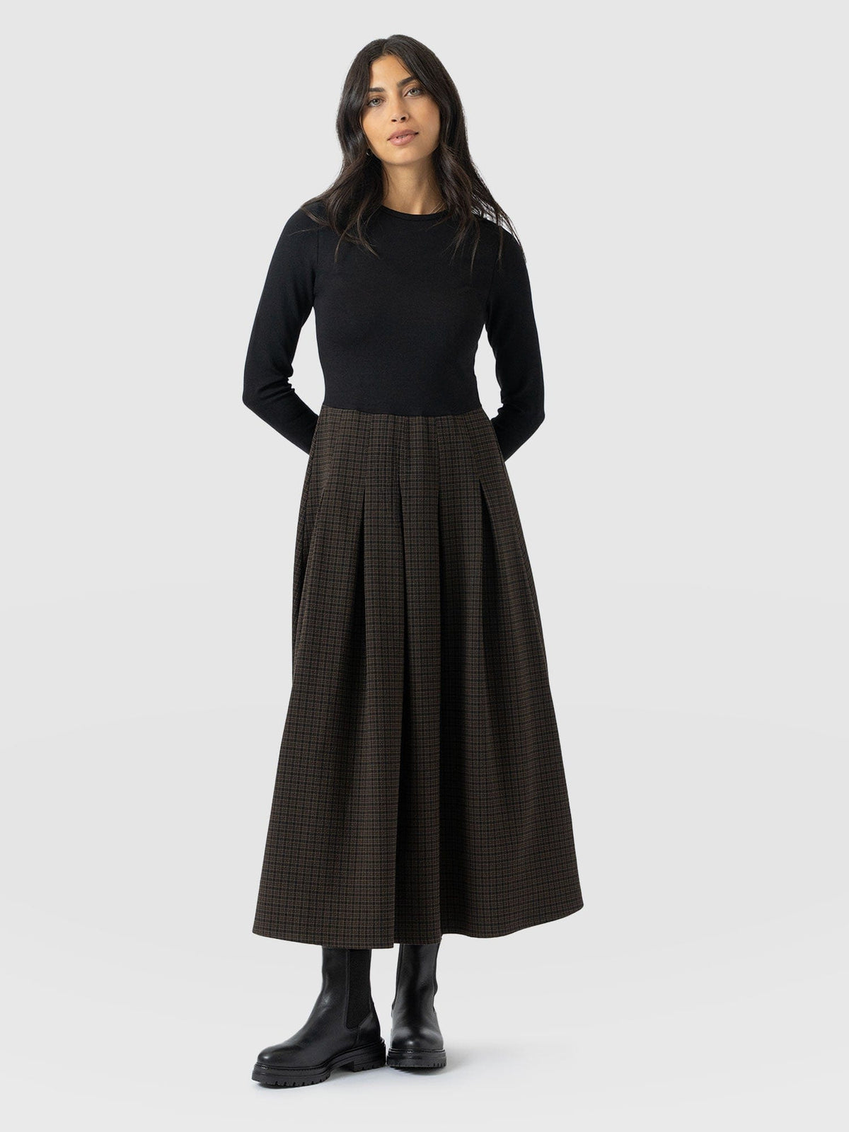 Renee Contrast Long Sleeve Dress - Brown Check