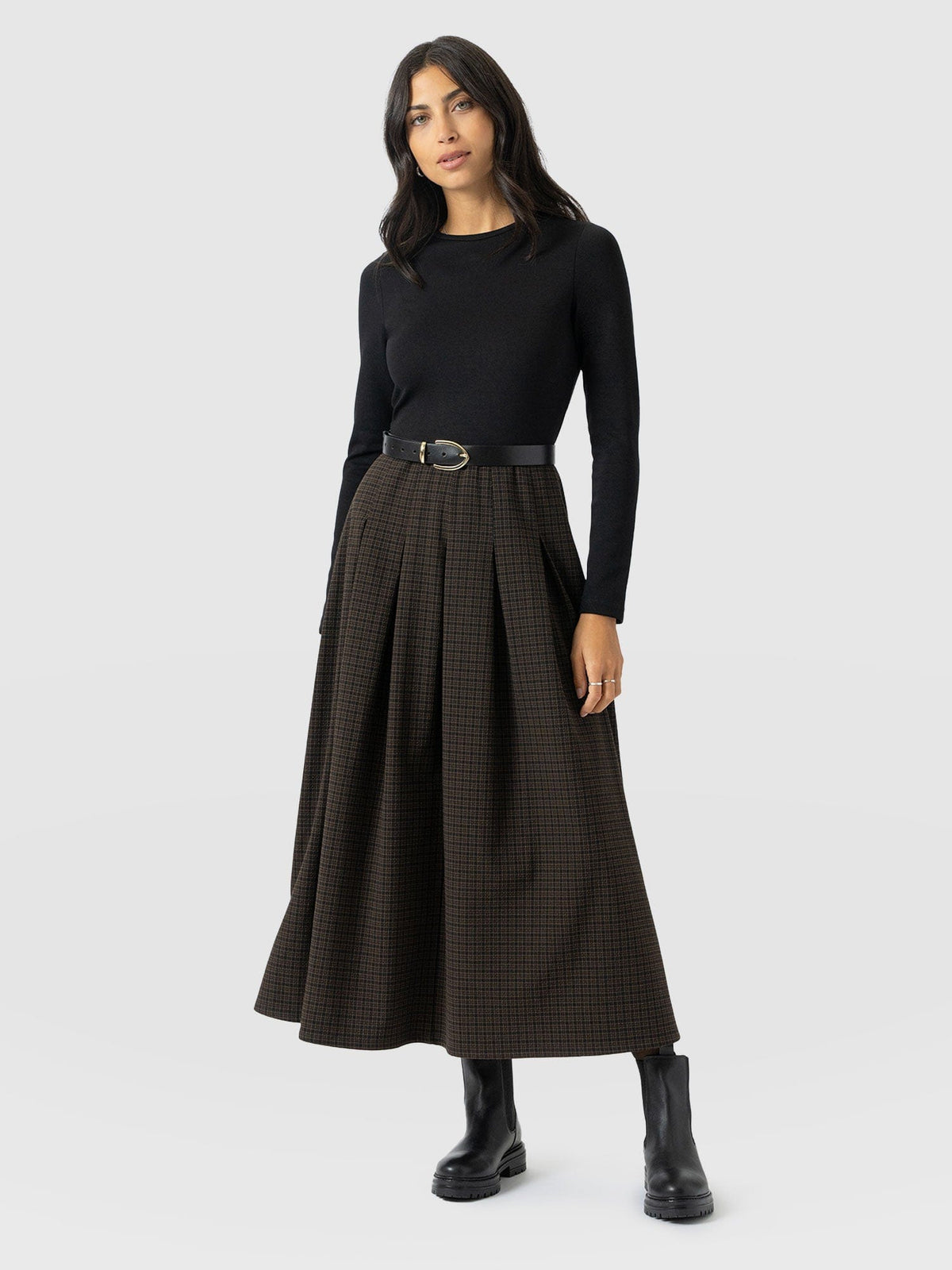 Renee Contrast Long Sleeve Dress - Brown Check