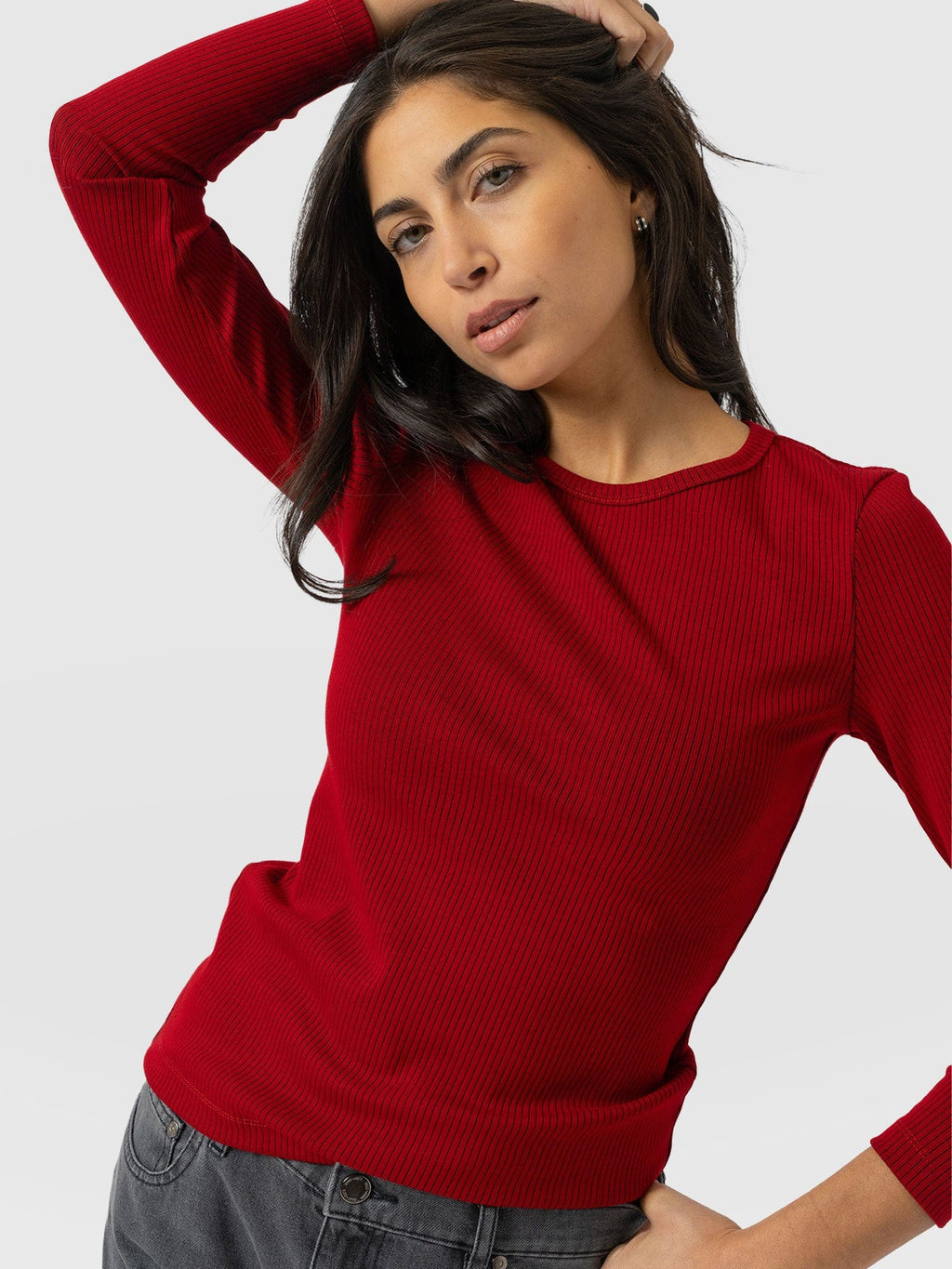 Ribbed Long Sleeve Tee - Deep Red