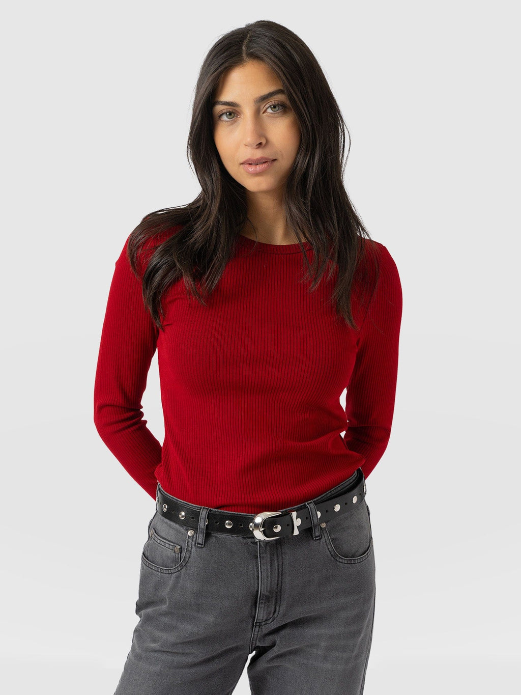 Ribbed Long Sleeve Tee - Deep Red