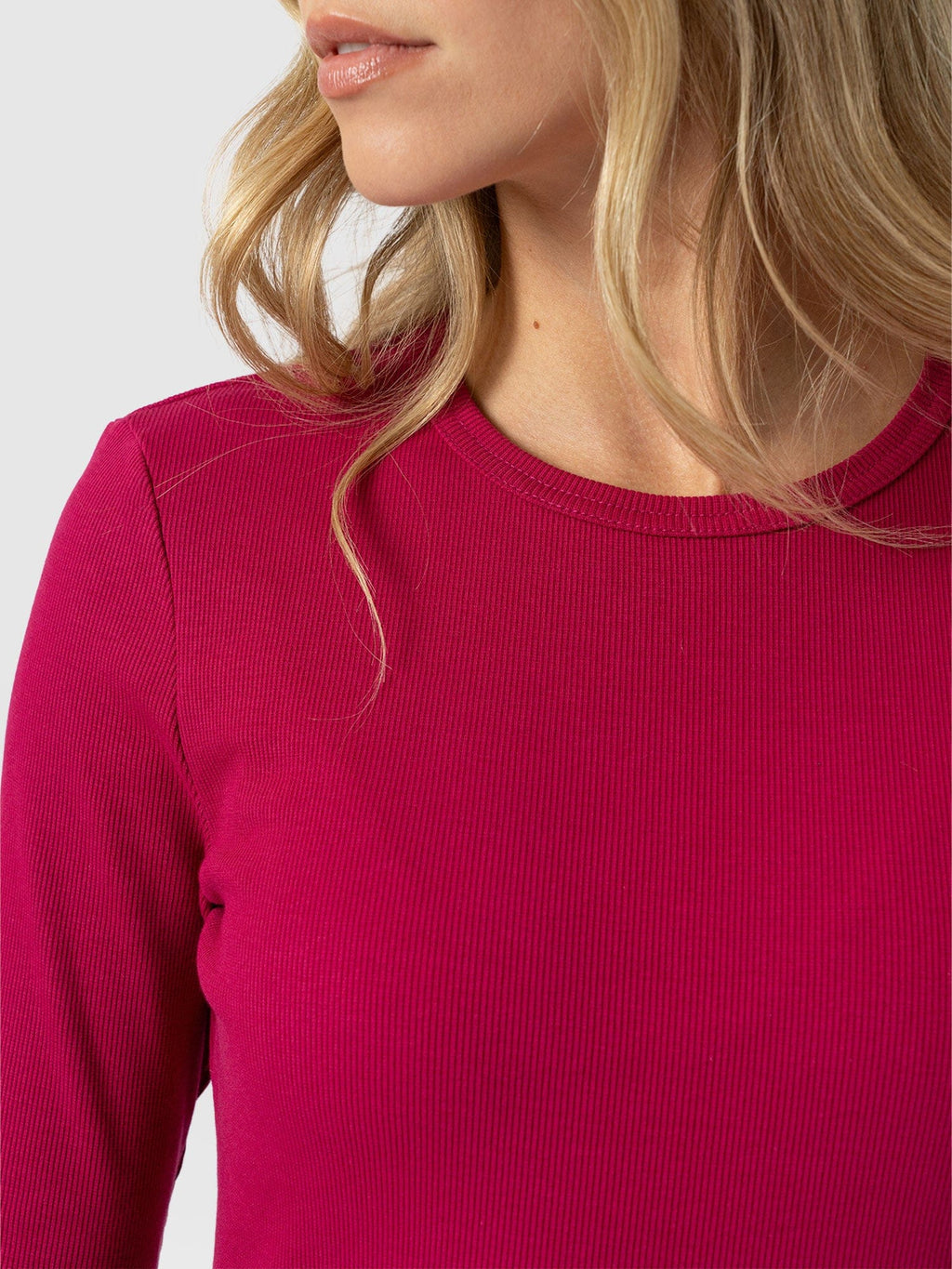 Ribbed Long Sleeve Tee - Fuchsia Pink