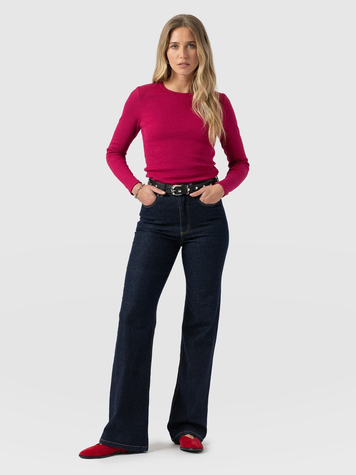 Ribbed Long Sleeve Tee - Fuchsia Pink