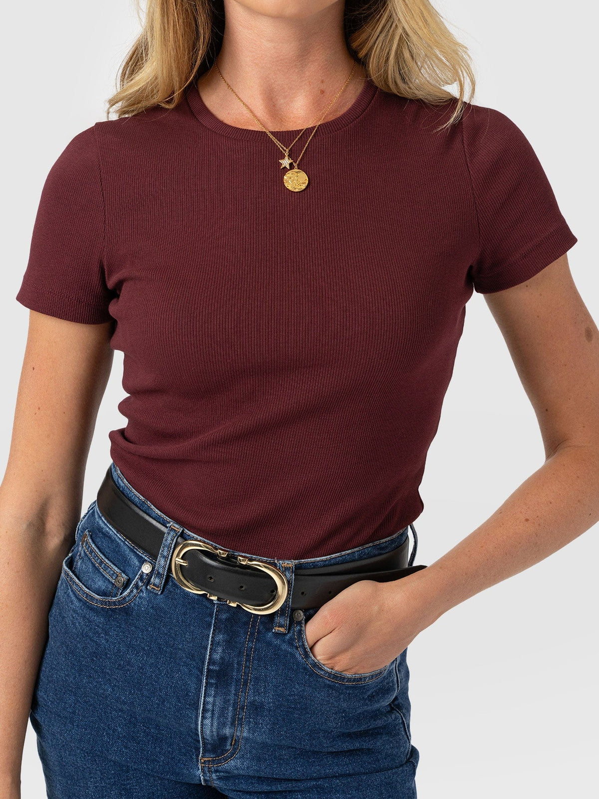 Ribbed Short Sleeve Tee - Burgundy