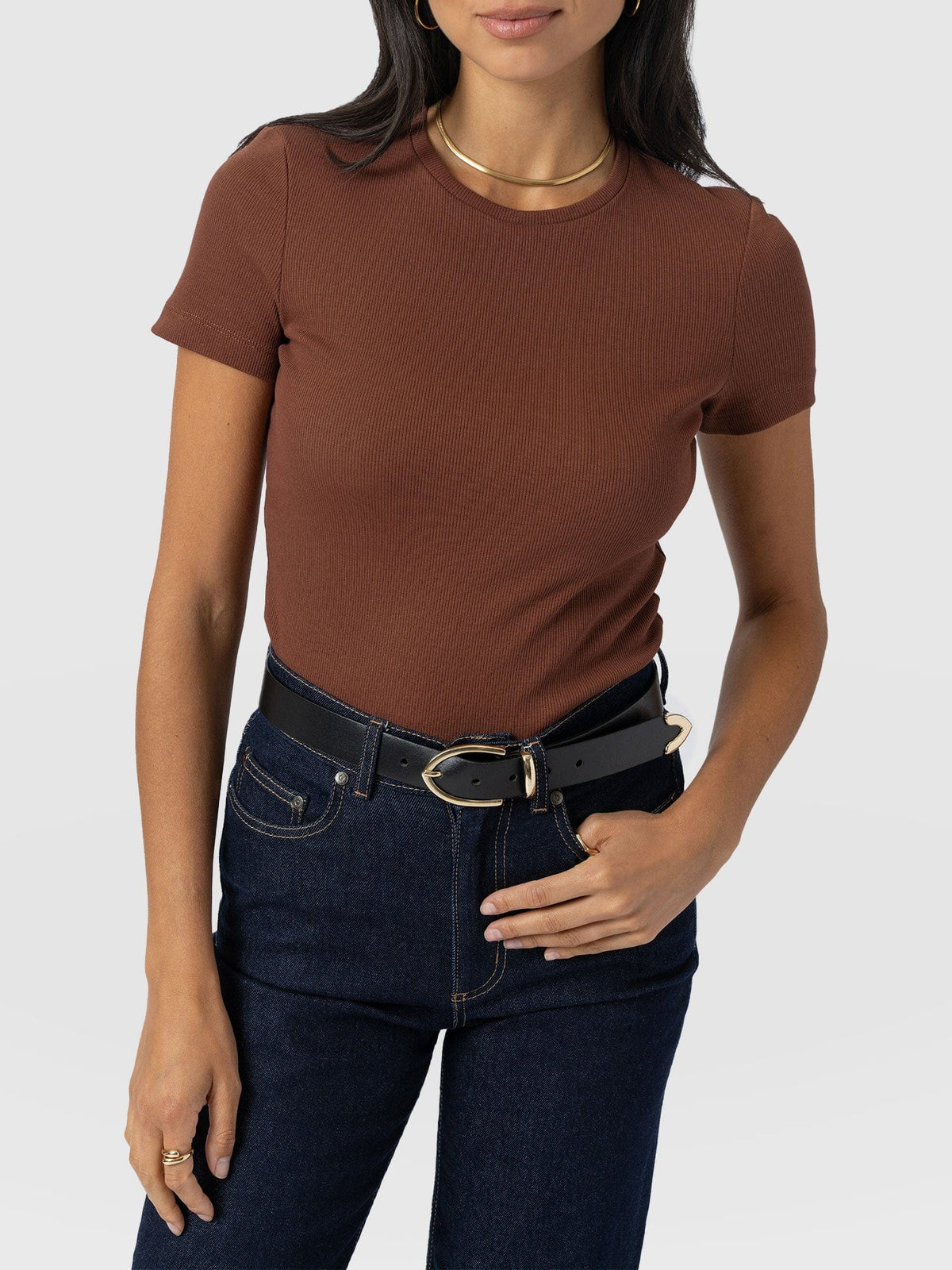 Ribbed Short Sleeve Tee - Russet Brown