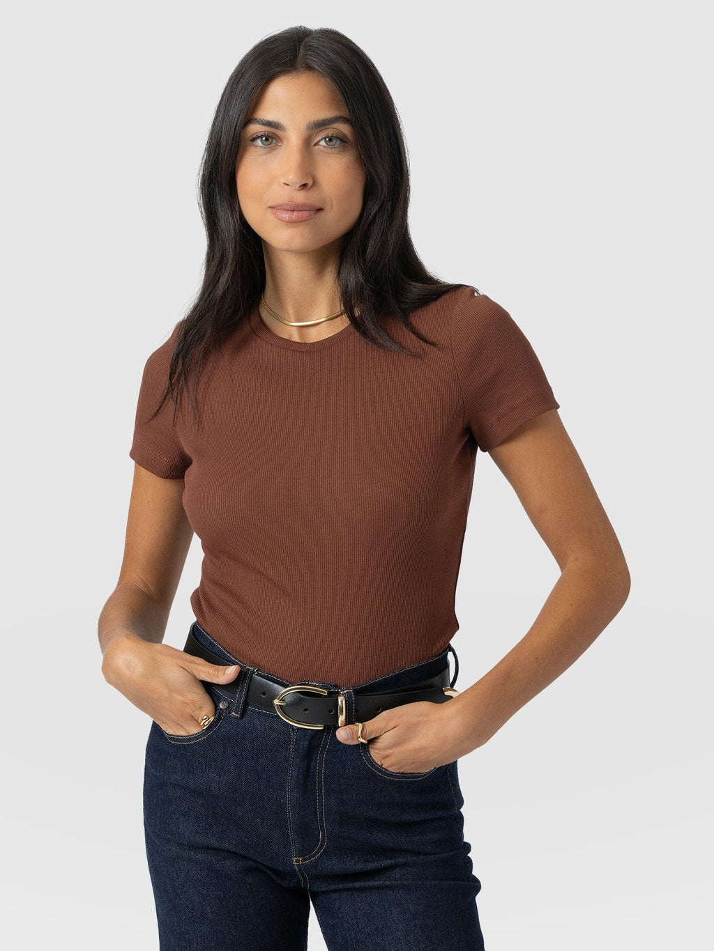 Ribbed Short Sleeve Tee - Russet Brown