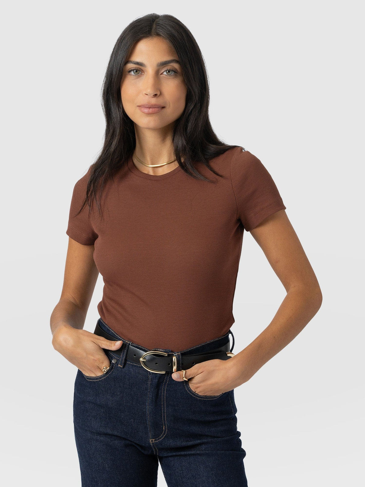 Ribbed Short Sleeve Tee - Russet Brown