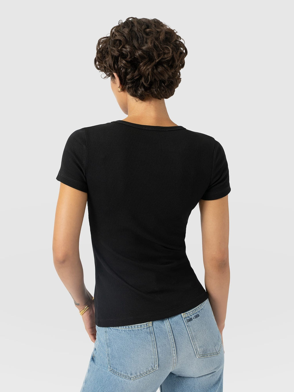 Ribbed V Neck Short Sleeve Tee - Black