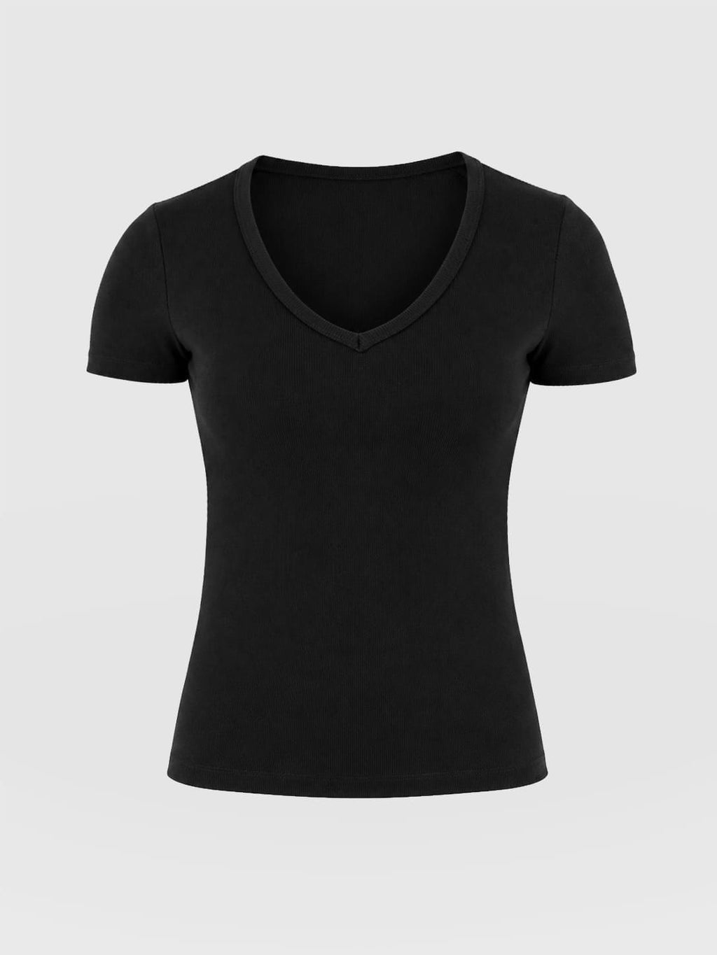 Ribbed V Neck Short Sleeve Tee - Black