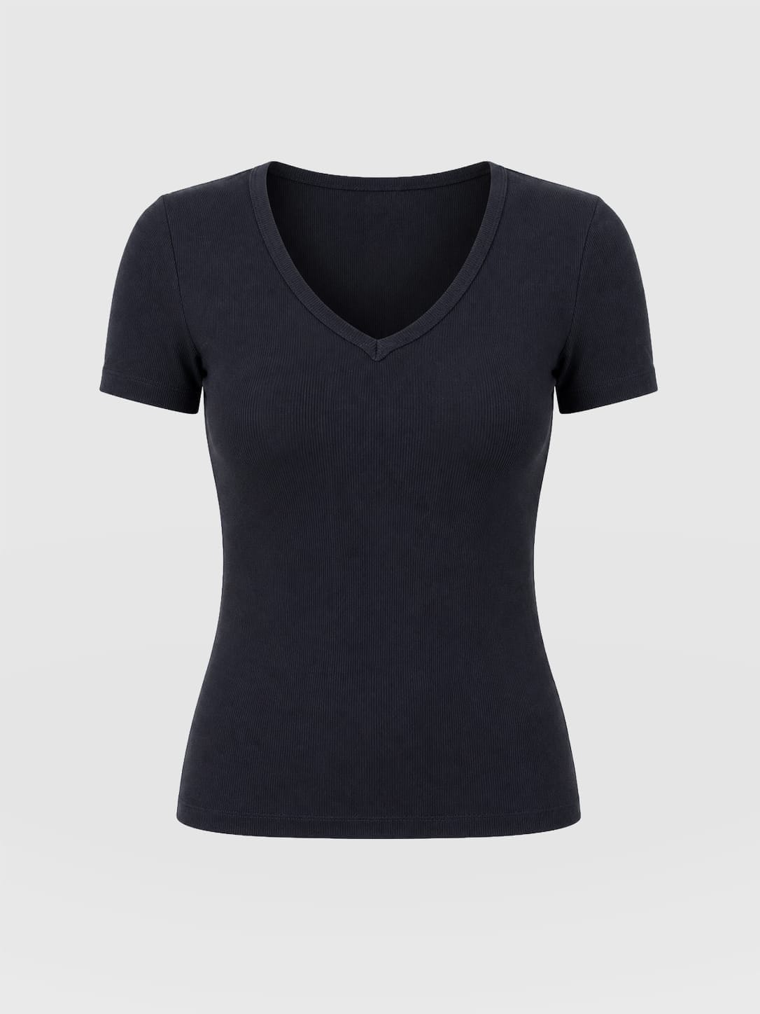 Ribbed V Neck Short Sleeve Tee - Navy