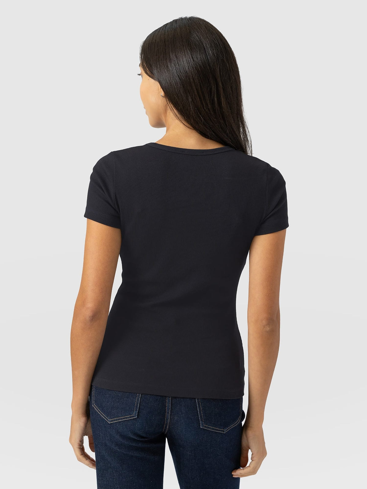 Ribbed V Neck Short Sleeve Tee - Navy