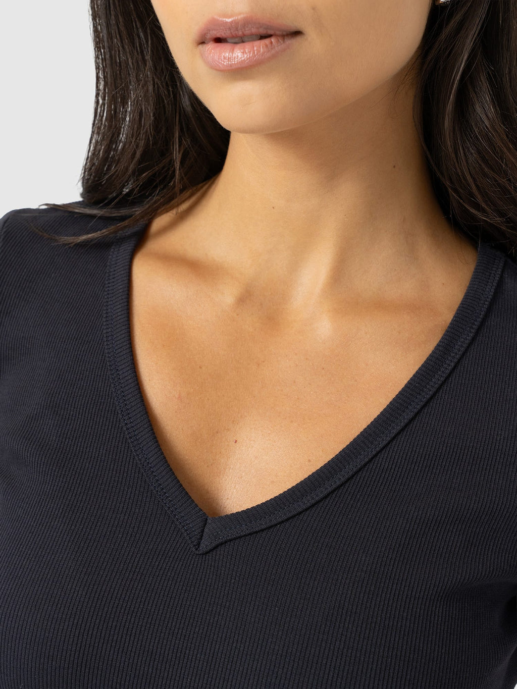Ribbed V Neck Short Sleeve Tee - Navy