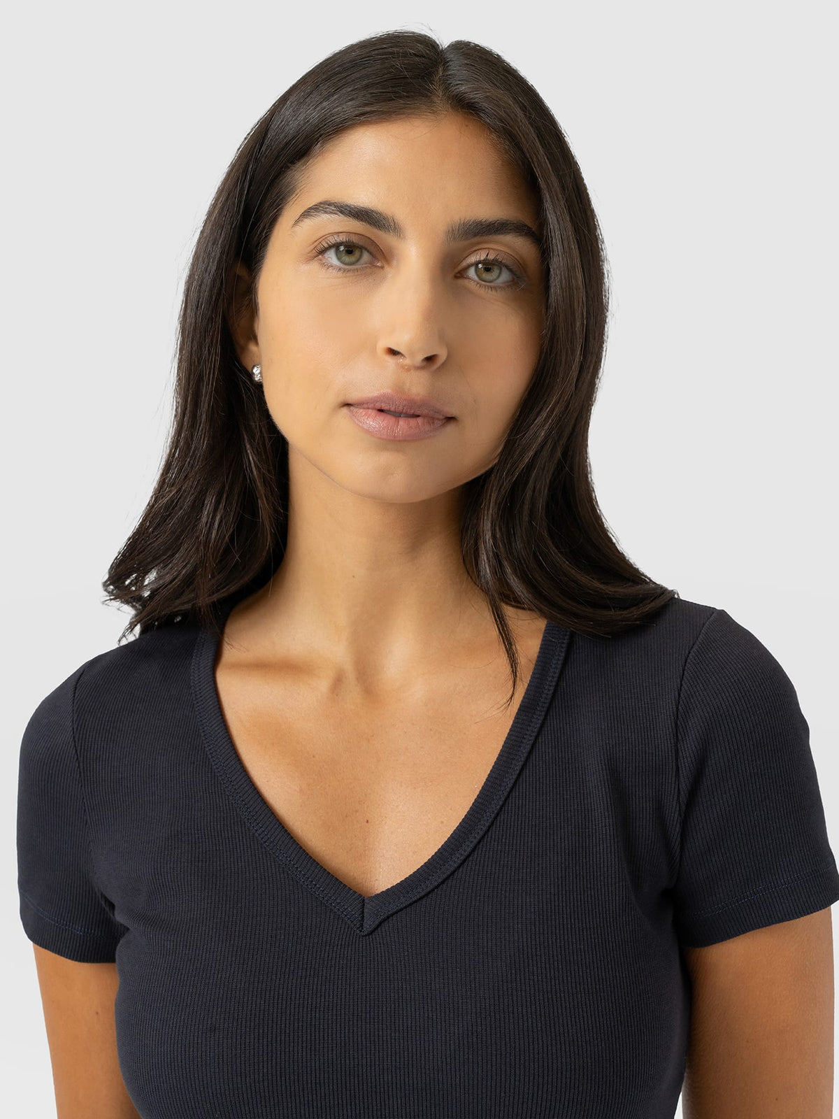 Ribbed V Neck Short Sleeve Tee - Navy