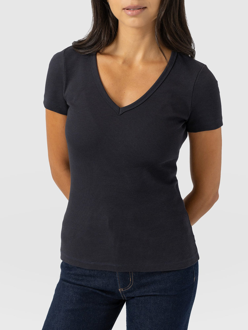 Ribbed V Neck Short Sleeve Tee - Navy