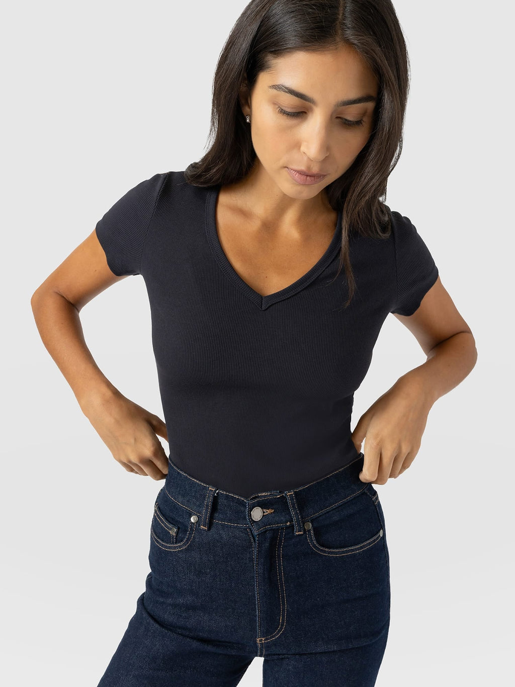 Ribbed V Neck Short Sleeve Tee - Navy