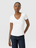 Ribbed V Neck Short Sleeve Tee - White