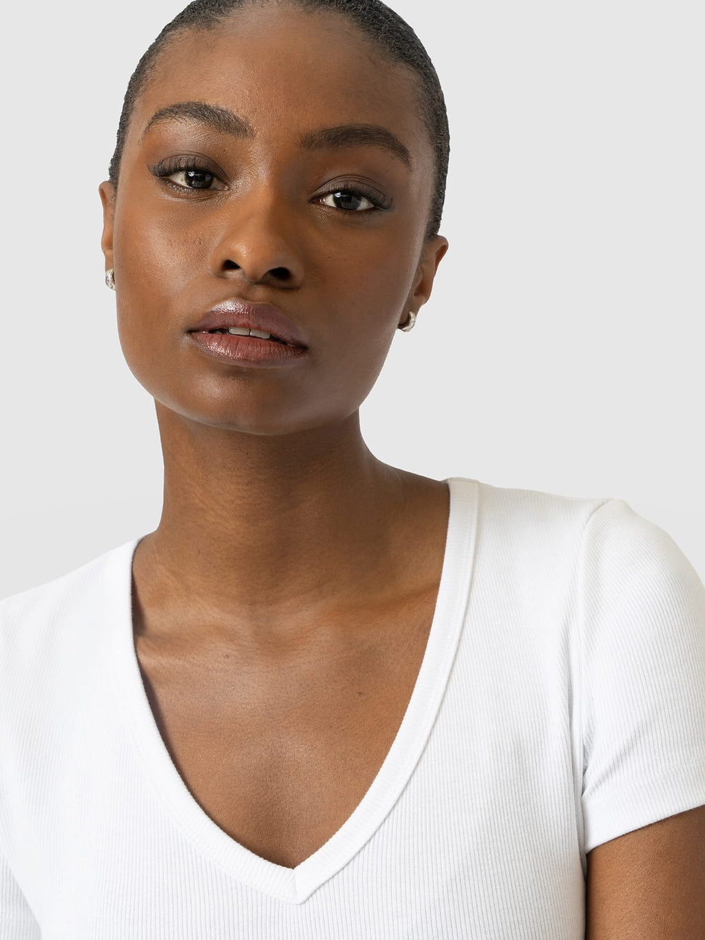 Ribbed V Neck Short Sleeve Tee - White