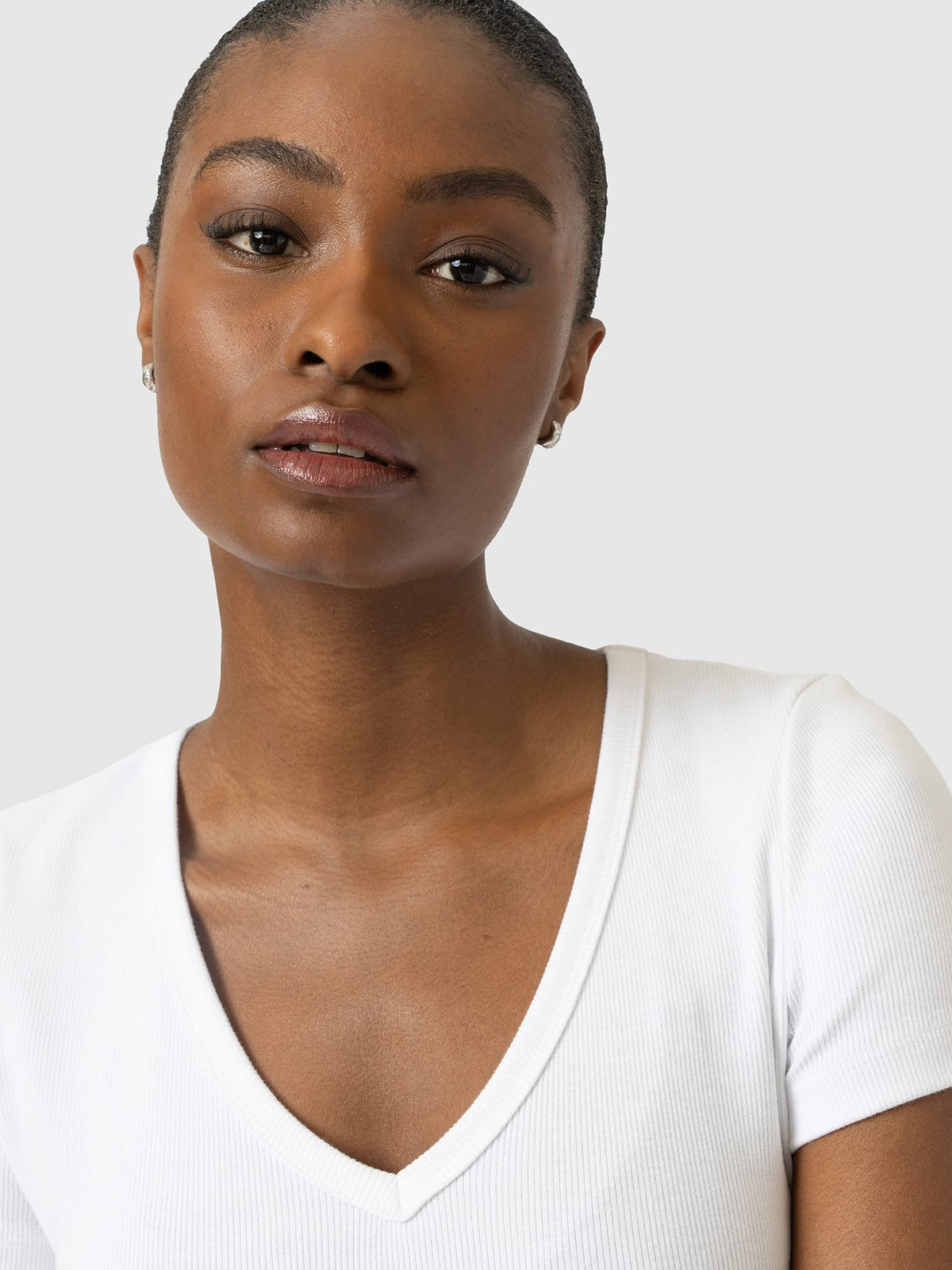 Ribbed V Neck Short Sleeve Tee - White
