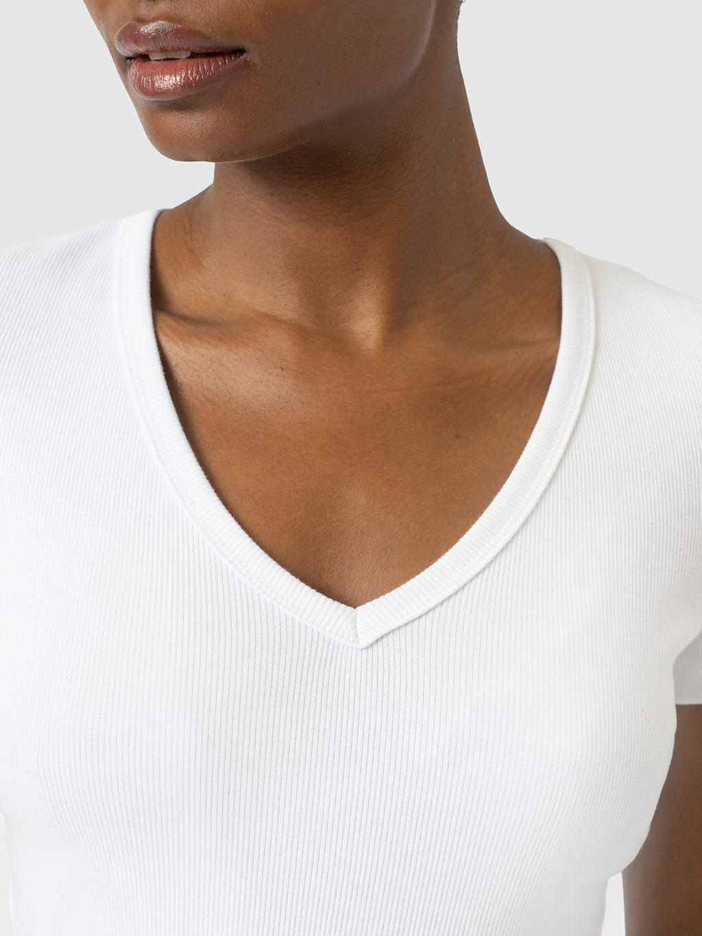 Ribbed V Neck Short Sleeve Tee - White