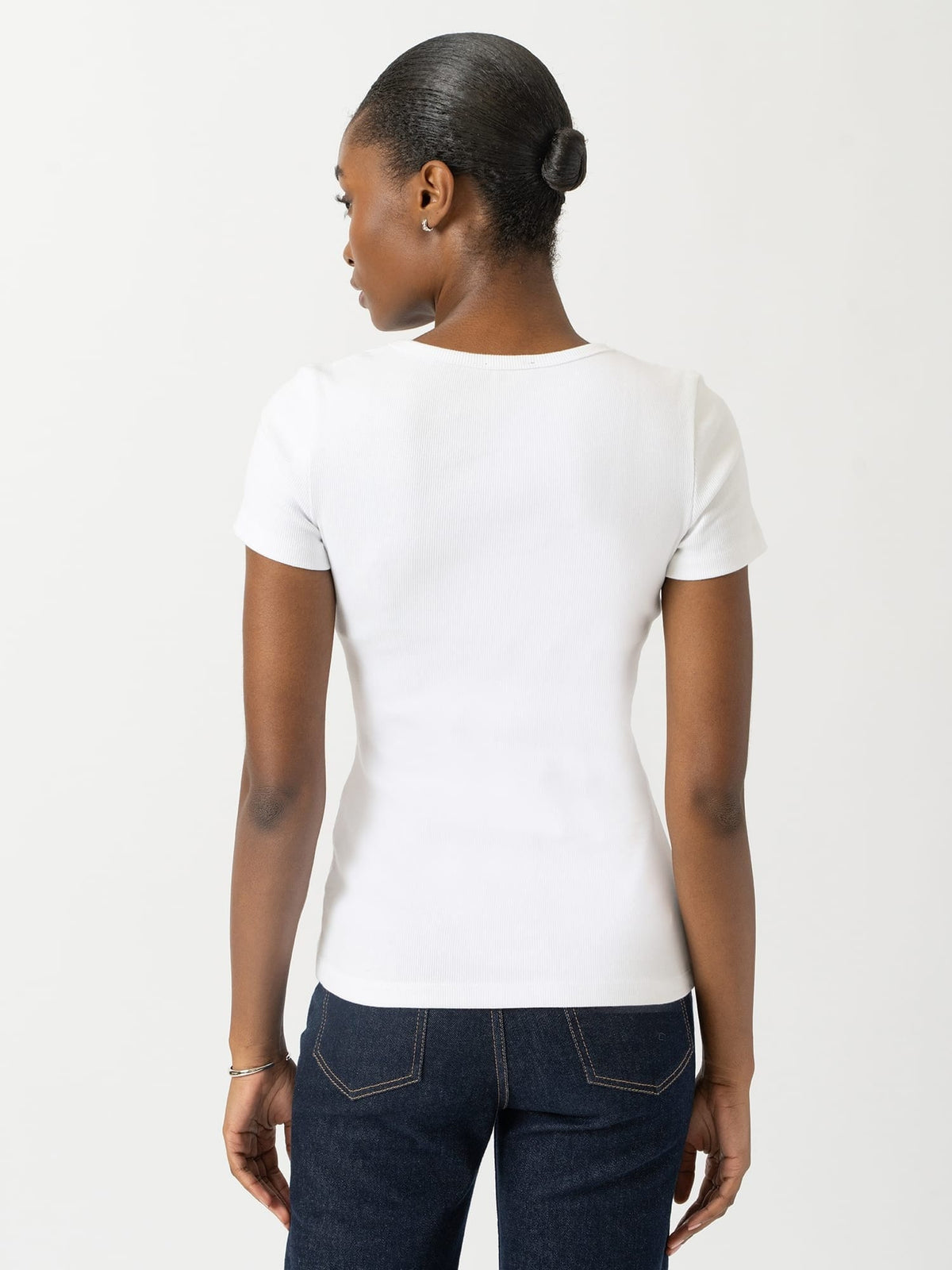 Ribbed V Neck Short Sleeve Tee - White