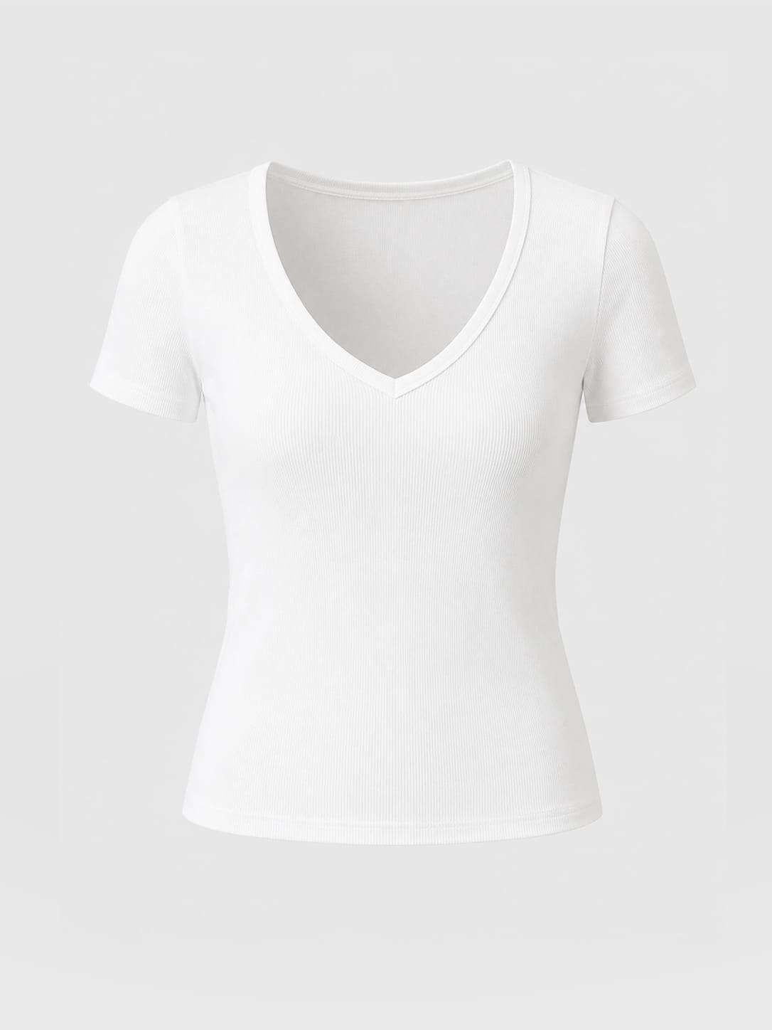 Ribbed V Neck Short Sleeve Tee - White