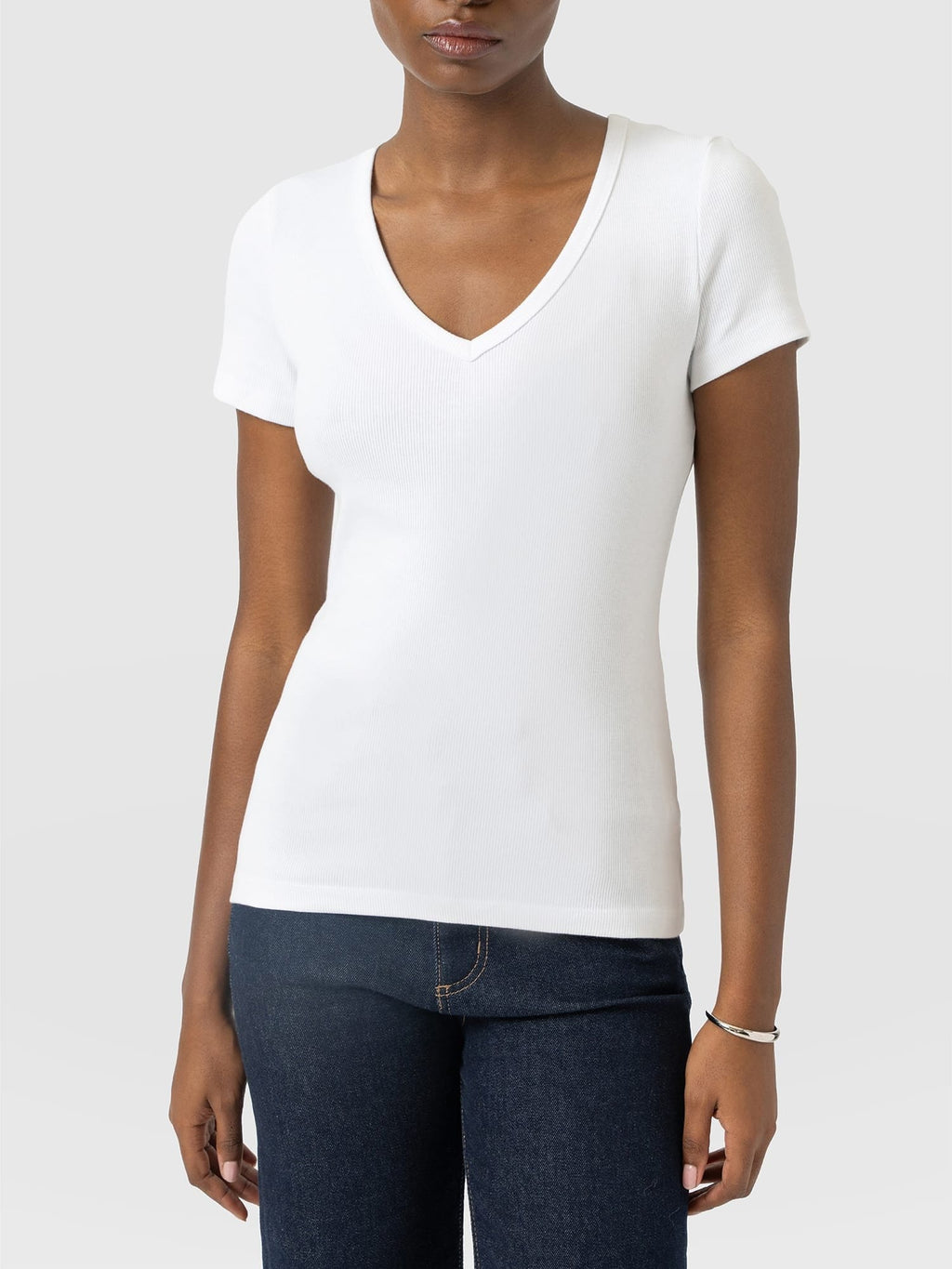 Ribbed V Neck Short Sleeve Tee - White