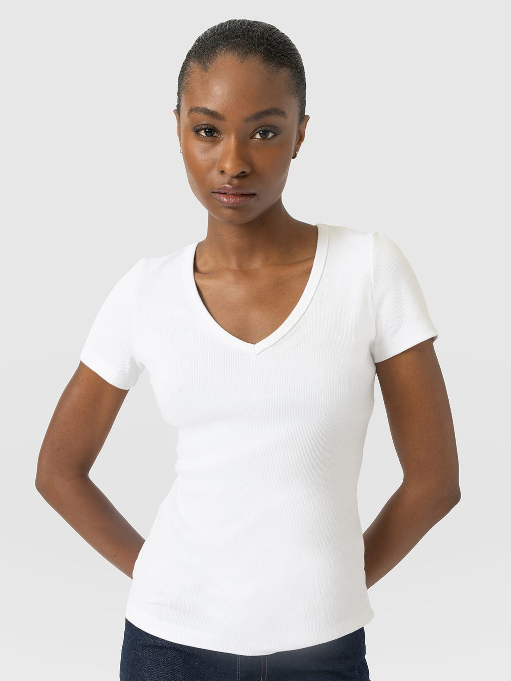 Ribbed V Neck Short Sleeve Tee - White
