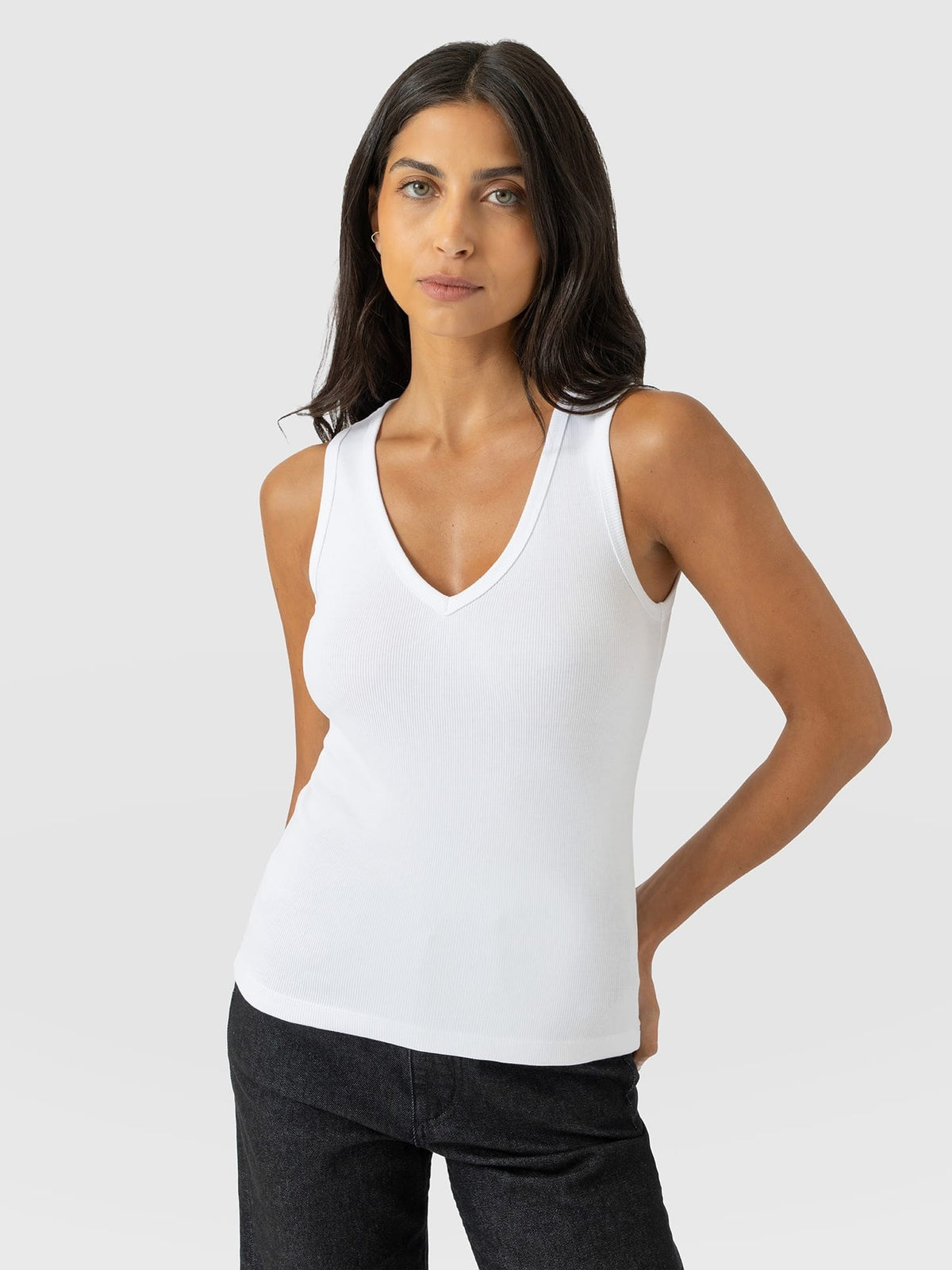Ribbed V Neck Vest - White