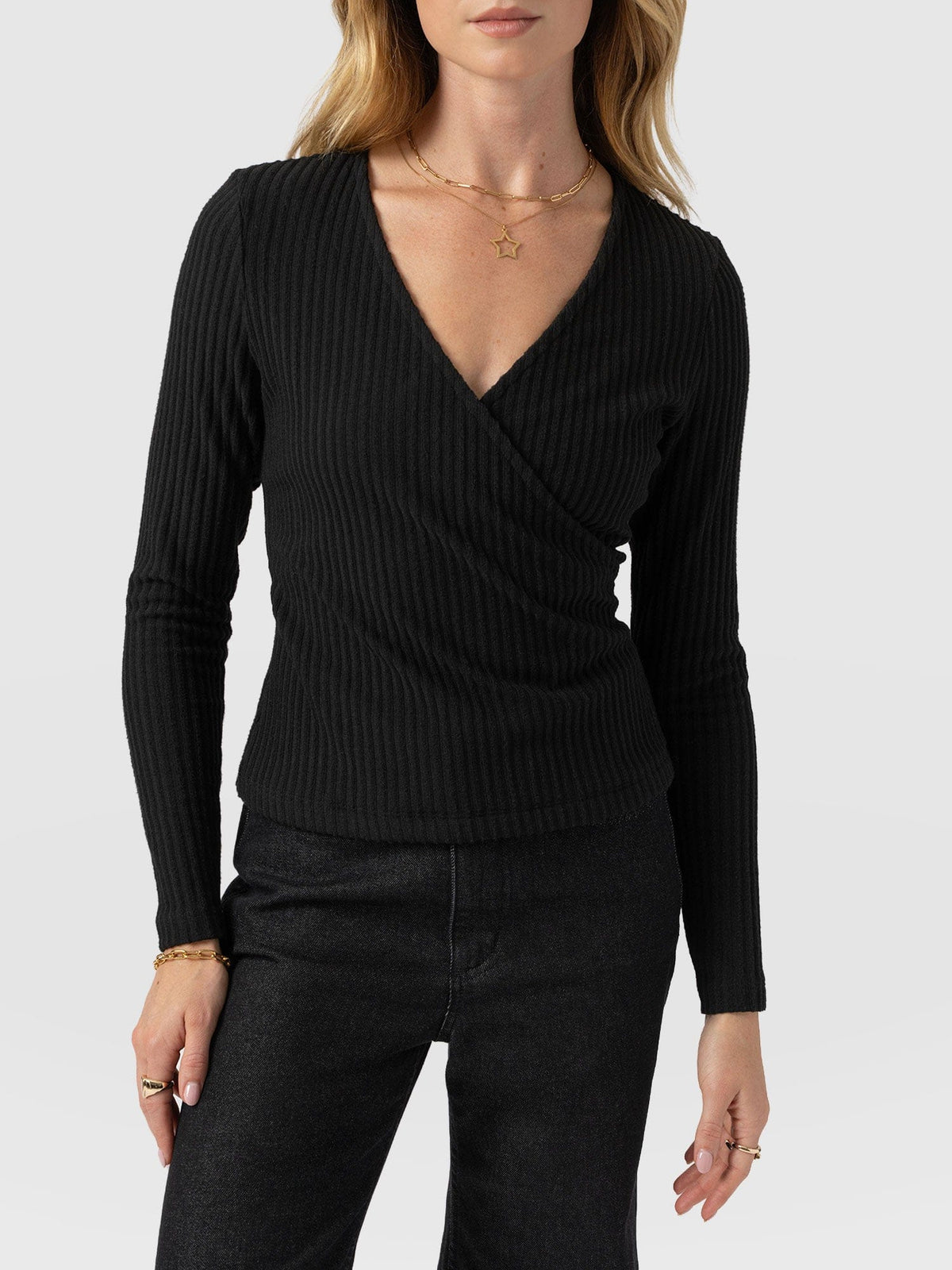 Rosa Wrap Tee Long Sleeve - Black Rib