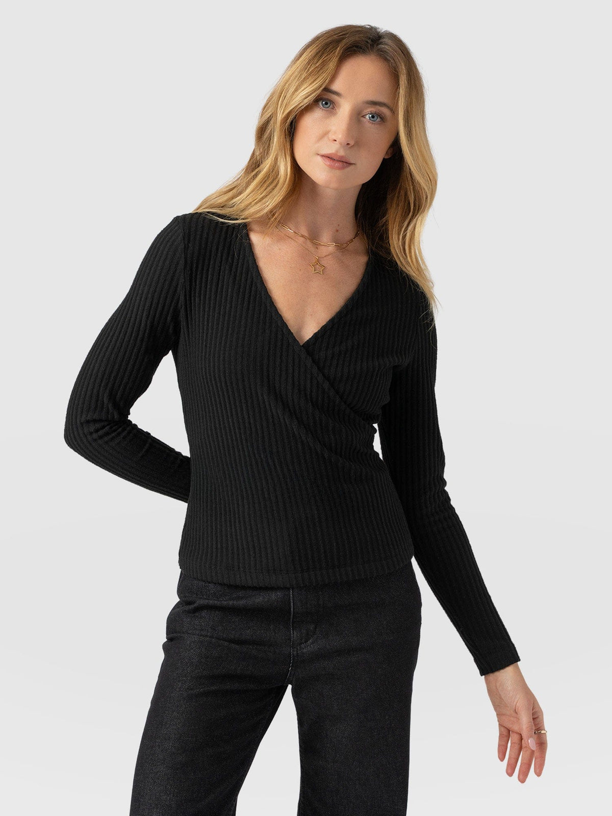 Rosa Wrap Tee Long Sleeve - Black Rib