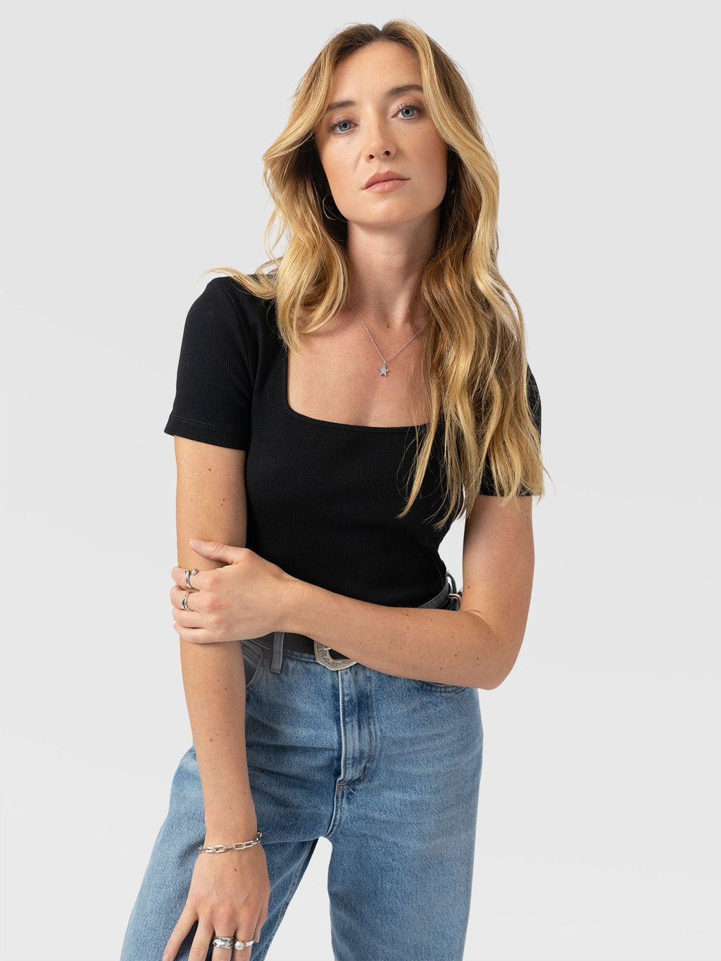 Sloane Ribbed Short Sleeve Tee - Black