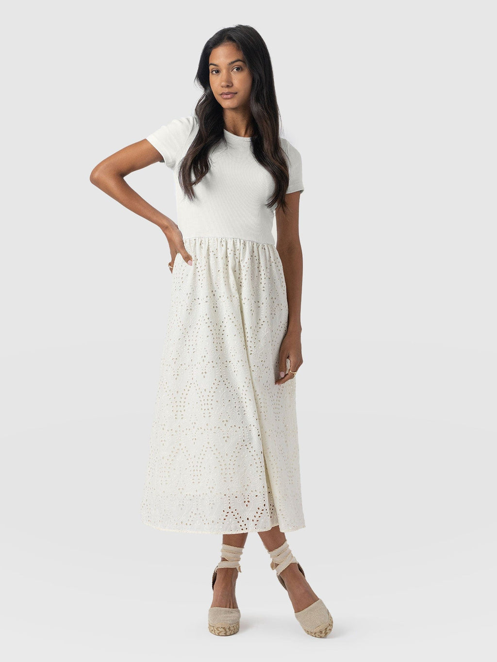 Sophia Contrast Dress - White Broderie