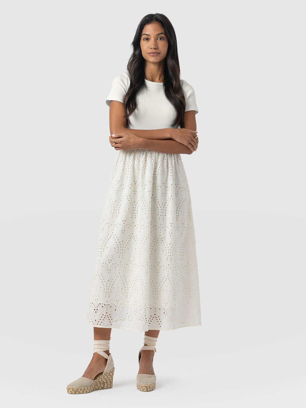 Sophia Contrast Dress - White Broderie