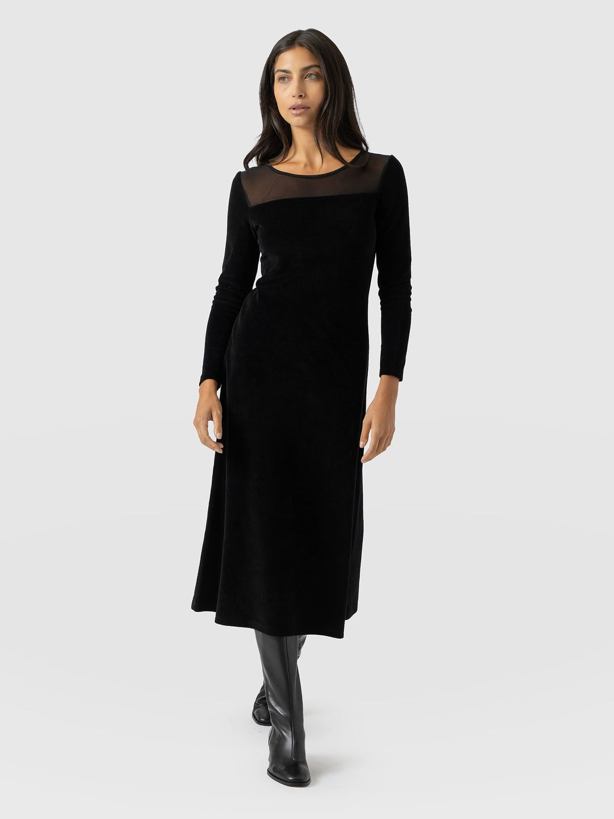 Storm Mesh Long Sleeve Dress - Black Velvet