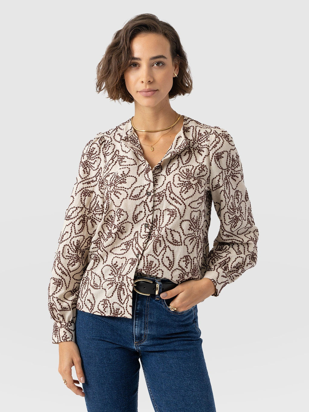 Tabitha Blouse - Cream/Brown