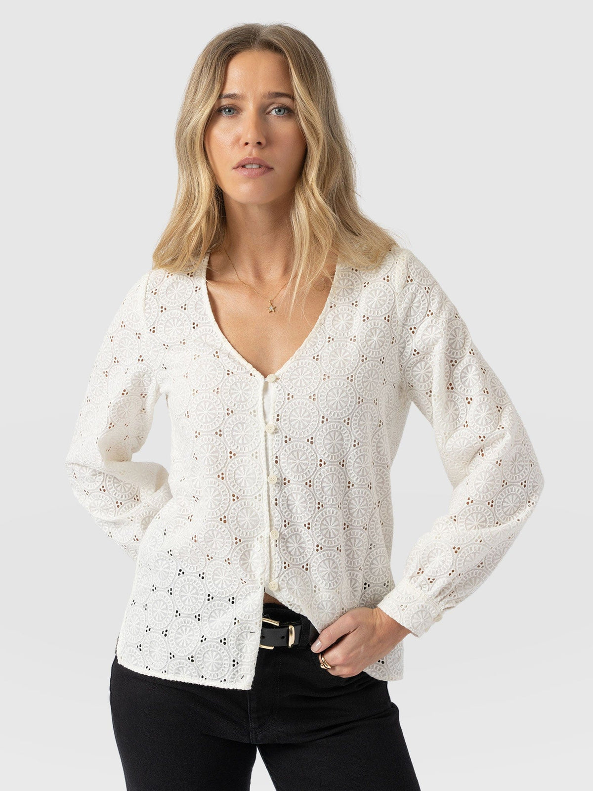 Tabitha V Neck Blouse - Cream Broderie