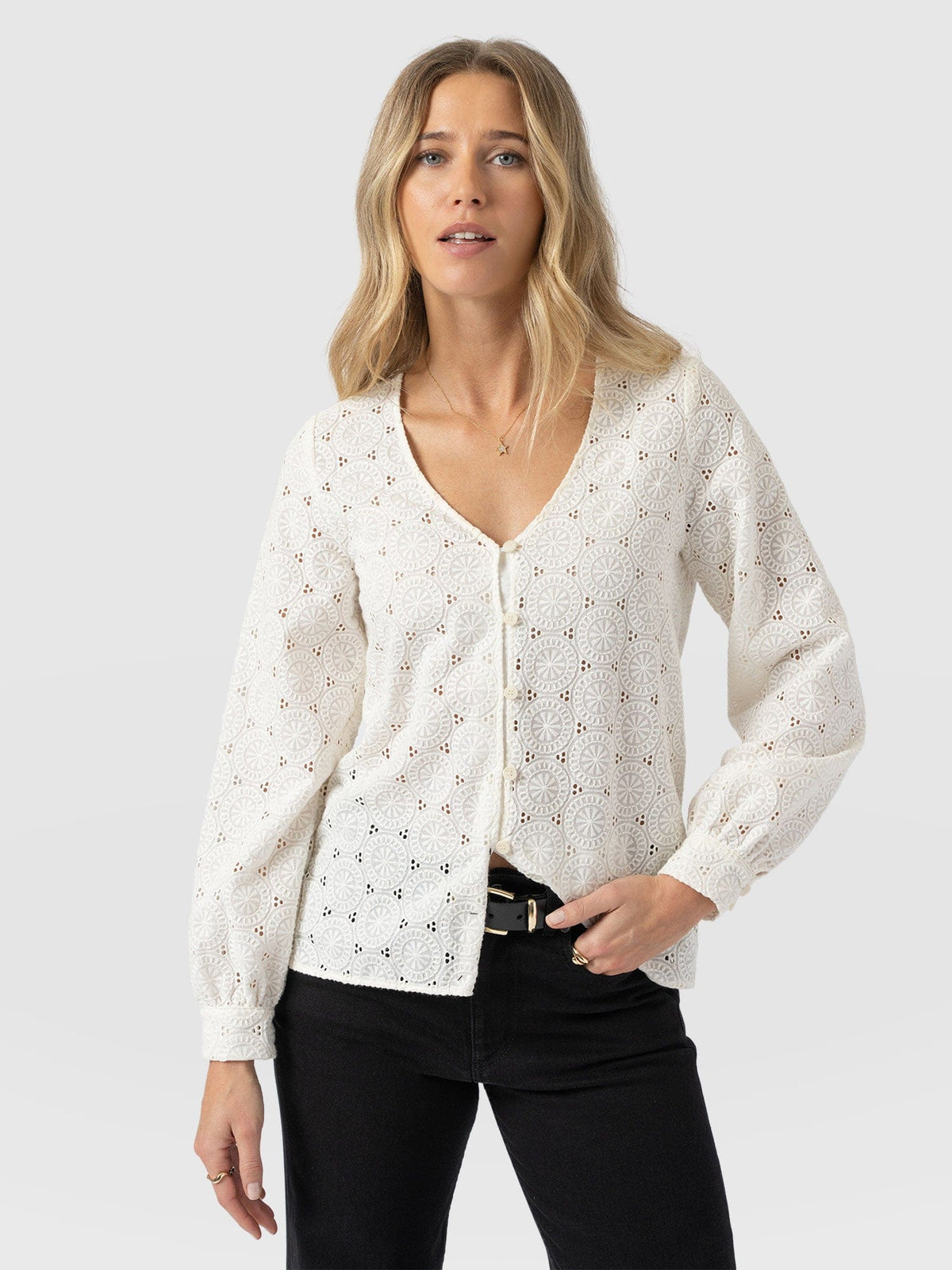 Tabitha V Neck Blouse - Cream Broderie