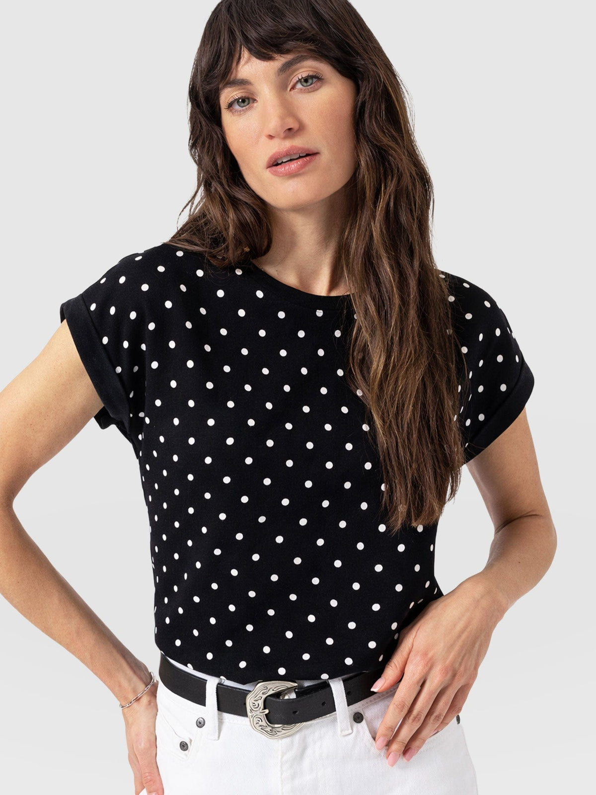 Turn Up Contrast Tee - Black Polka Dot