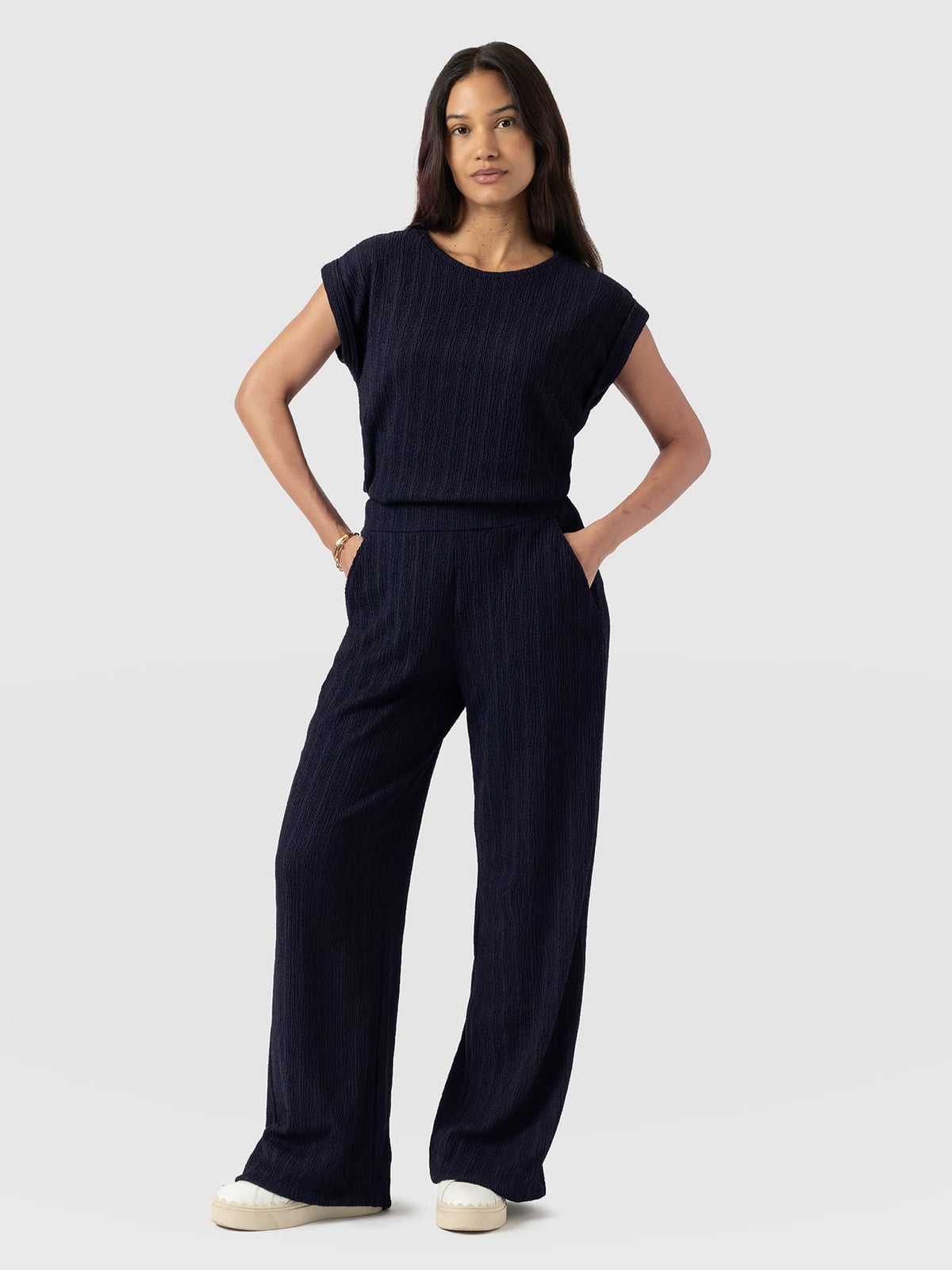 Hoxton Wide Leg Pant - Navy Textured