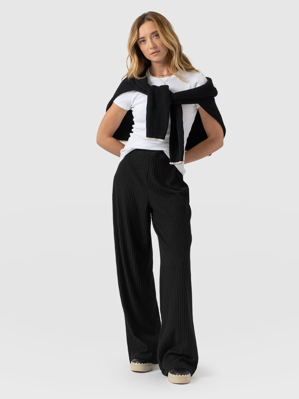Hoxton Wide Leg Pant - Black Rib